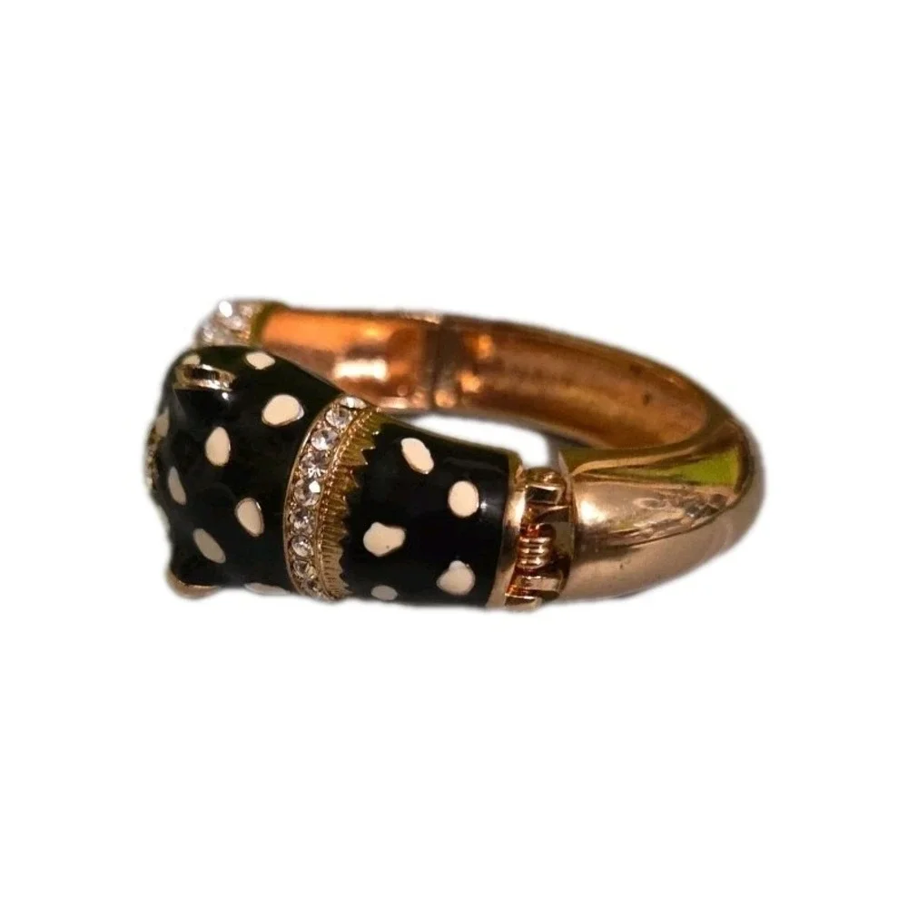 Panther Head Hinged Cuff Bracelet Black White Polka Dot Enamel Rhinestone Gold